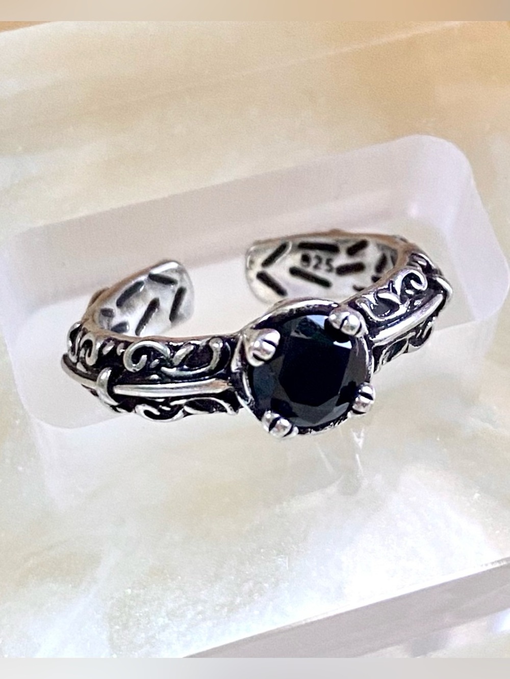 Sterling Silver Black Stone Filigree Adjustable Ring